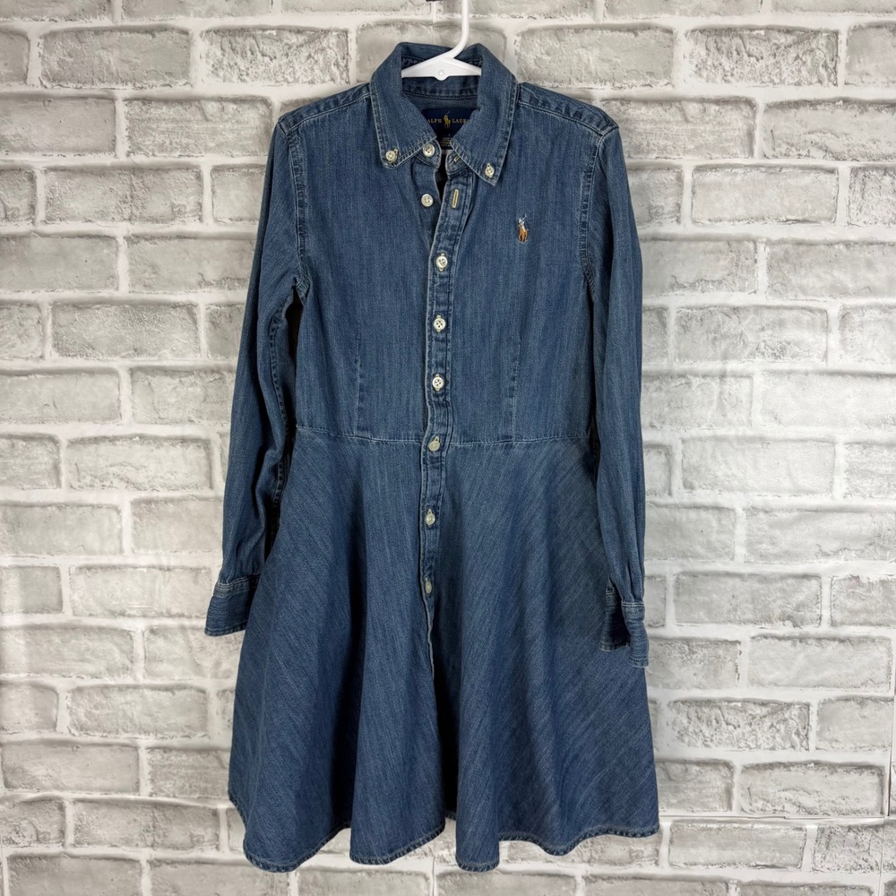 Ralph Lauren Girls Denim Shirt Dress Medium Wash Long Sleeve Flared Skirt Size 7